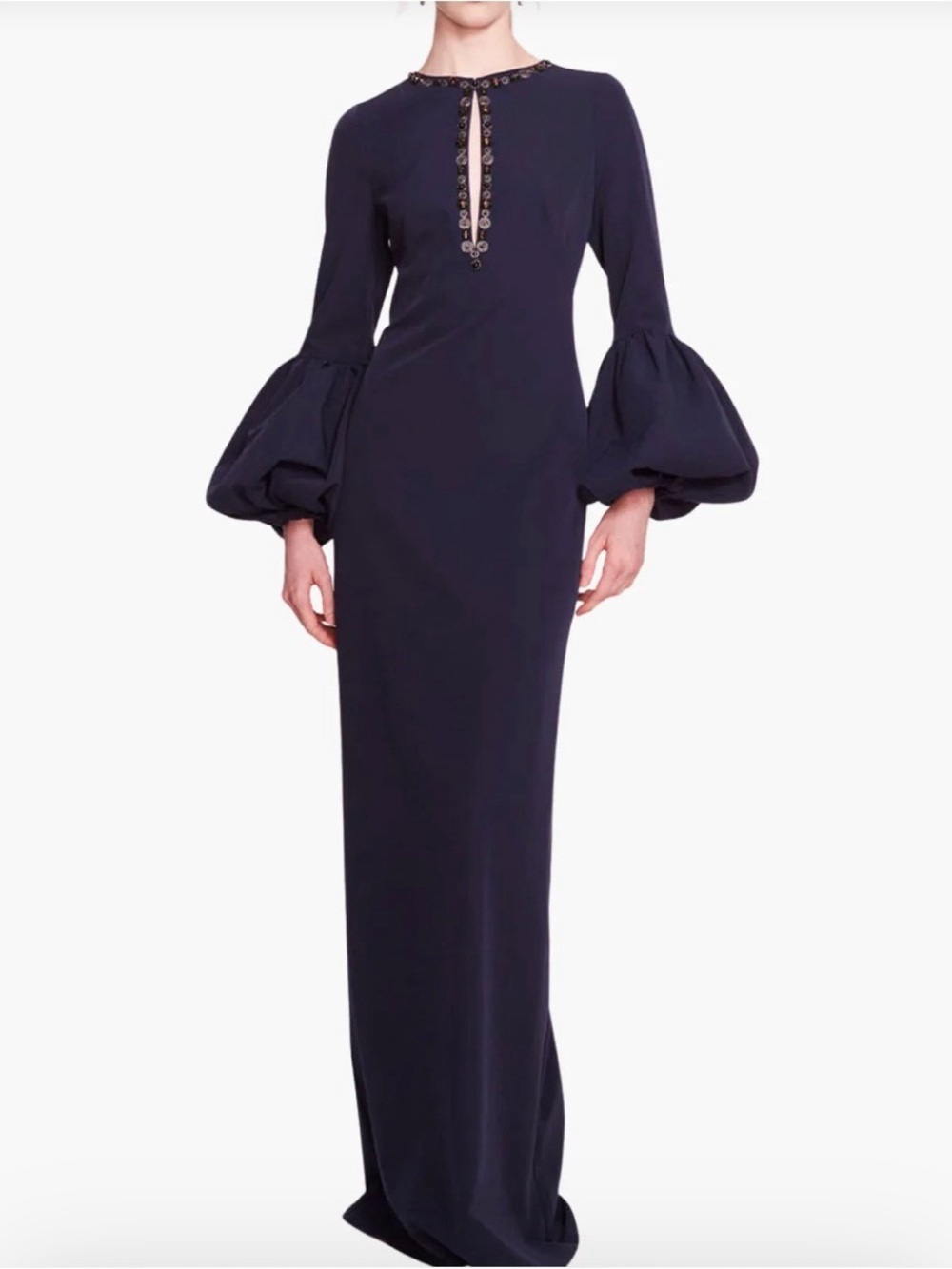NWT Marchesa Notte Puffed Sleeve Column Gown Midnight Navy Blue 14